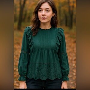 Knox Rose Hunter Green Boho Lace Eyelet Ruffle Embroidered Prairie Peasant Top